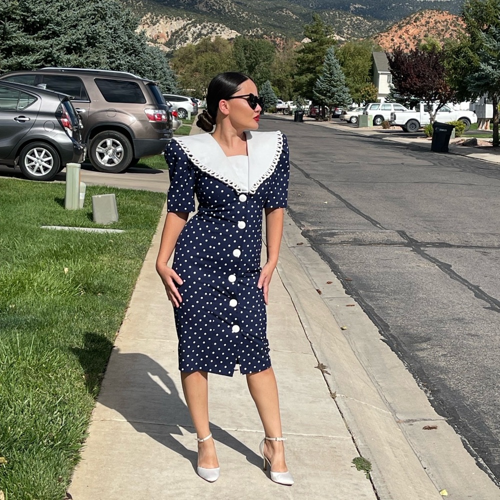 Vtg 80's LESLIE LUCKS Retro Midi SECRETARY Dress Blue White Polka Dot Button Up